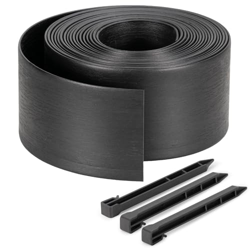 Velway Bordo Giardino Flessibile Lunghezza 10m, Altezza 13cm, con 20 Picchetti - Bordatura da Giardino in Plastica per Prato, Aiuole e Sentieri, Nero