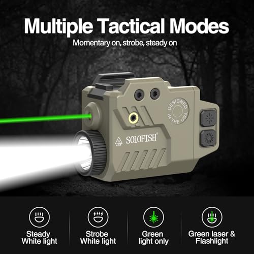 Image of Solofish 800 Lumens Pistol Light Laser Combo | Gun Light with Green Laser Sight, Slidable Pistol Flashlight Compatible with Glock /Picatinny Rail, Desert Tan