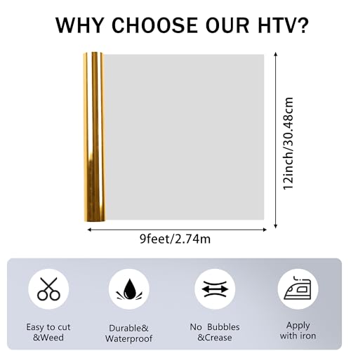 Image of FUNKAKA Heat Transfer Vinyl Gold PU Soft Metal HTV Rolls, 12 inch x 9ft | Iron on Vinyl for T-Shirts, Stretchy Thin HTV Vinyl for All Cutter Machines Easy to Cut & Weed for Heat Transfer Design