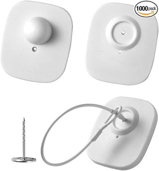 1000Pcs 8.2Mhz RF Security Clothing Tags White Retails EAS Clothes Tag with 1000 Pins and 200 Lanyards