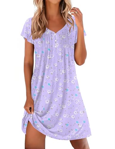 Ekouaer Nightgowns for Women Short Sleeve Pleated Moo Moos with Pockets
