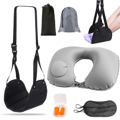 VireEyU Set de Viaje: Reposapiés para Avión & Almohada para Cuello – Hamaca para Pies Ajustable con Máscara para Ojos y Tapones para los Oídos Incluidos, Portátil, para Avión, Oficina, Coche, Negro