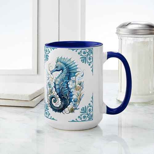 Taza de cerámica 15 oz azul con caballito de mar miniatura 4