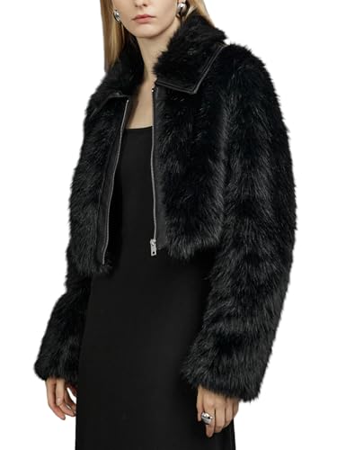 Bellivera Womens Faux Fur Leather Jacket Fleece Cropped Warm Fluffy Coat Soft Zip Outerwear