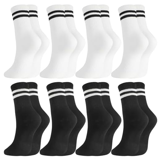 Utensilsto 8 Paare Socken Damen 35-38 Tennissocken Weiß Schwarze Sportsocken Lange Damen Socken mit Streifen Motiv Baumwollsocken für Tennis Sport schwarz, weiß