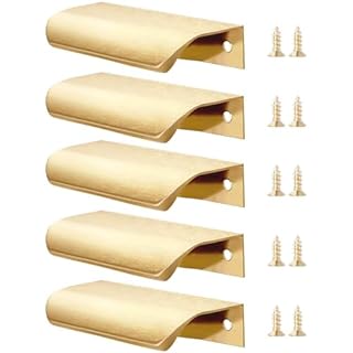 JYTDBCS 5 Pack Gold Kitchen Cupboard Handles Finger Edge Pulls for Cabinets and Drawers, 80mm Wardrobe Door Handles Modern Aluminum Bathroom Cabinet Handles, Brushed Brass
