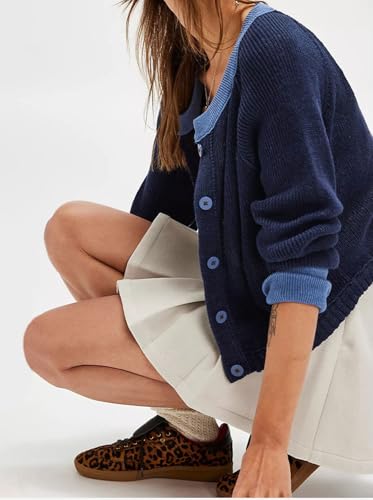Image of loveimgs Women Knitted Button Down Cropped Cardigan Jacket Sweater Y2k Fall Knit Color Block Sweater Crewneck Crop Short Coat