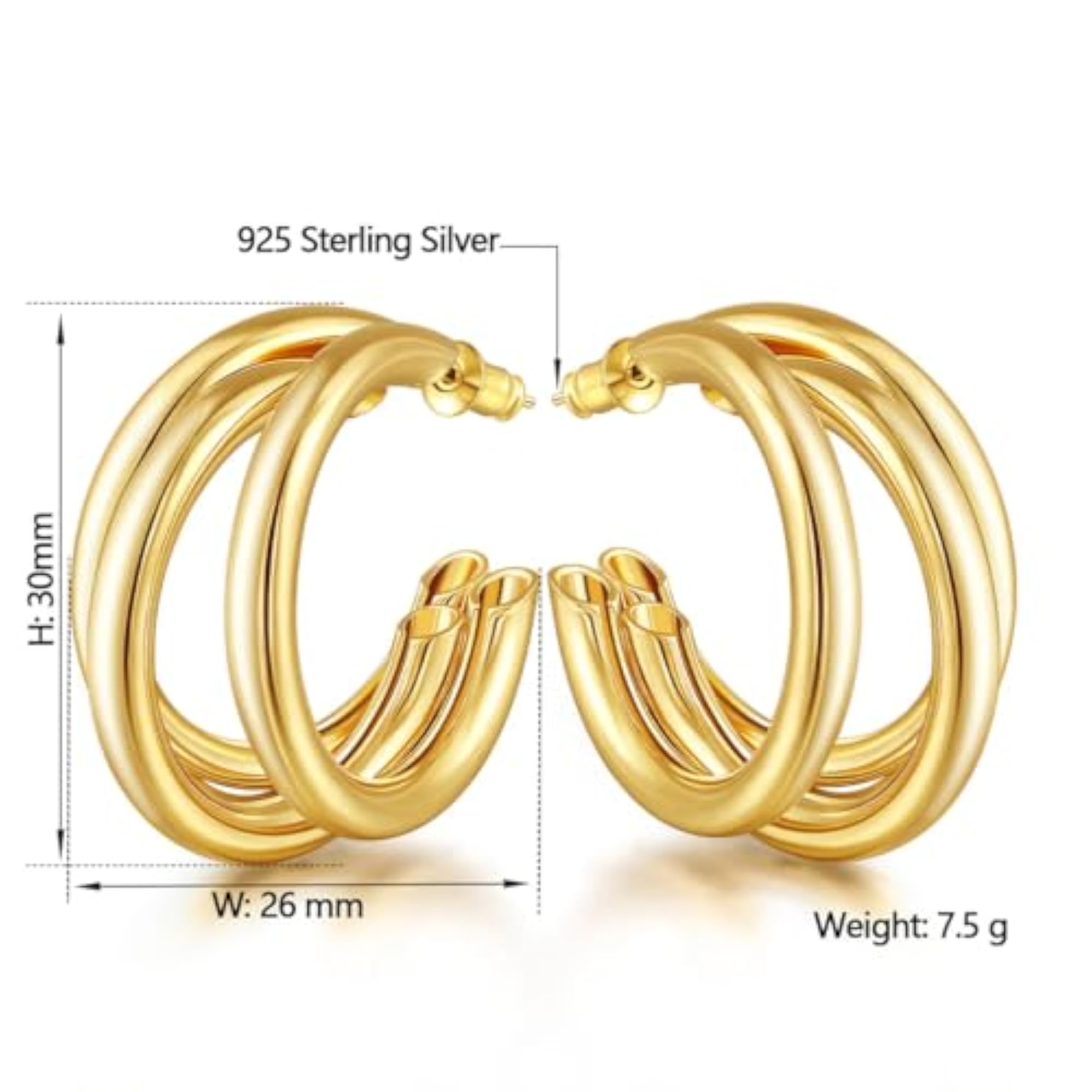 Women's Gold Plated Chunky Triple Hoop Earrings Set