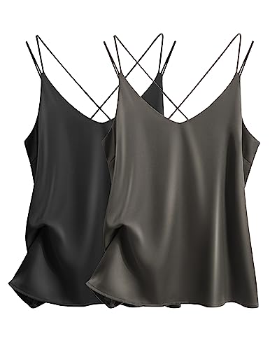 Image of Ekouaer Womens 2-Pack Silk Satin Camisole Tank Top V Neck Sexy Cross Back Spaghetti Strap Cami Sleeveless Lounge Tops S-XXL