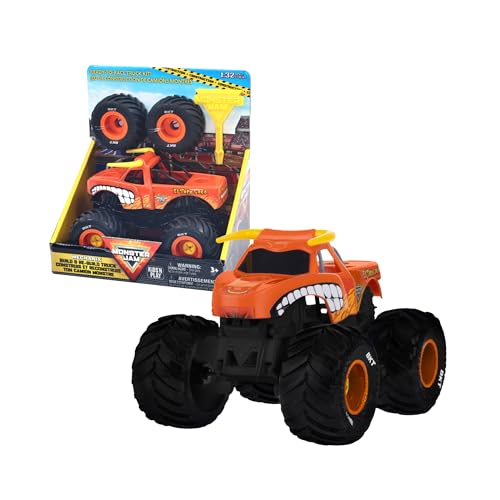 MonsterJam Mechanix - Vehículo a Escala 1:32 con Piezas Desmontables, Incluye Destornillador y 4 Ruedas, Modelo El Toro Loco, 4 Modelos Disponibles para Coleccionar, Famosa (MNJ01200)