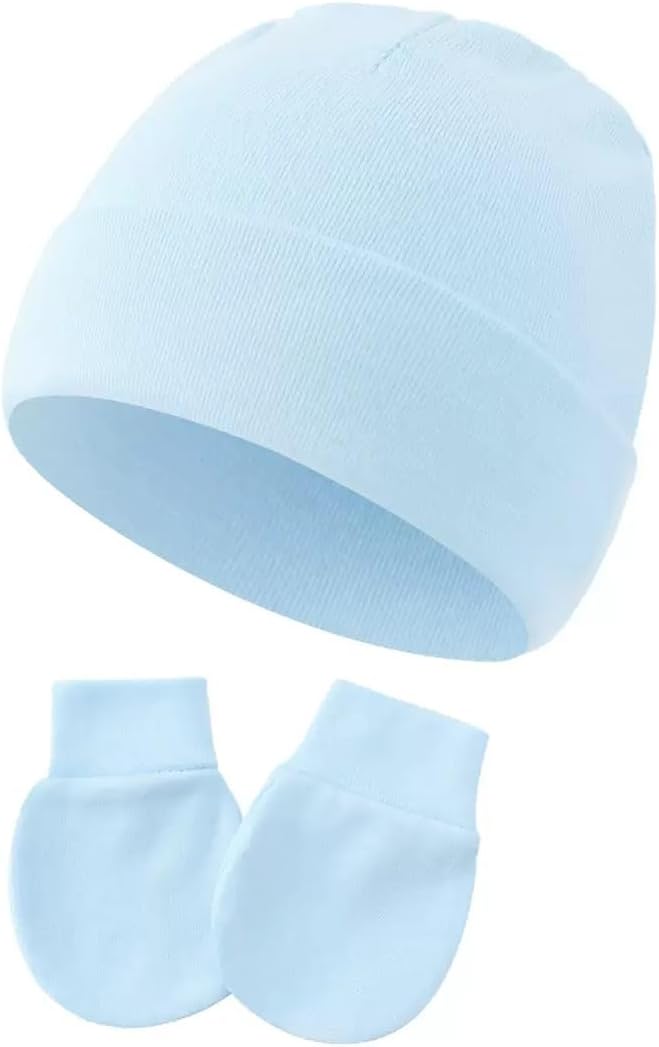 Baby Hats and Mittens Set, 4 Pairs Newborn Beanie and No Scratch Gloves, Soft Cotton Hospital Cap for Boys, Girls, Neutral