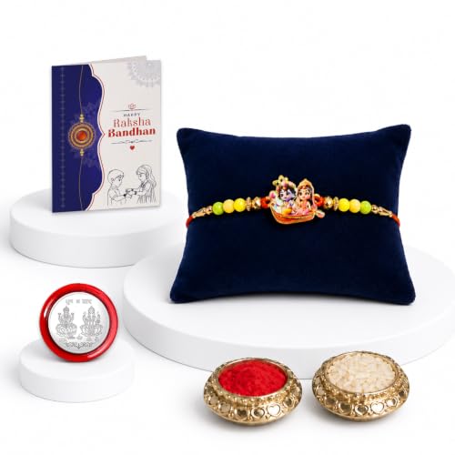 Image of Oblivion Rakhi For Brother Set of 1 - Elegant Krishna Ji With Beads Thread Designer Rakhi with Silver Colour Coin, Greeting Card and Tilak Set - Traditional Raksha Bandhan Combo for Bhai (Pack of 4)