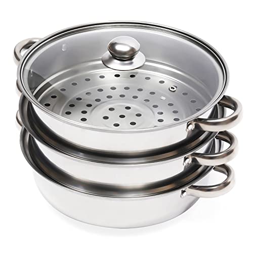 3/5 Etagen Dampfkocher Dampfkochtopf stapelbar Dampfgarer, Edelstahl Dampftopf Steamer Set Silber, für Gemüse Fisch Suppe Knödel (3-stufiger28cm)
