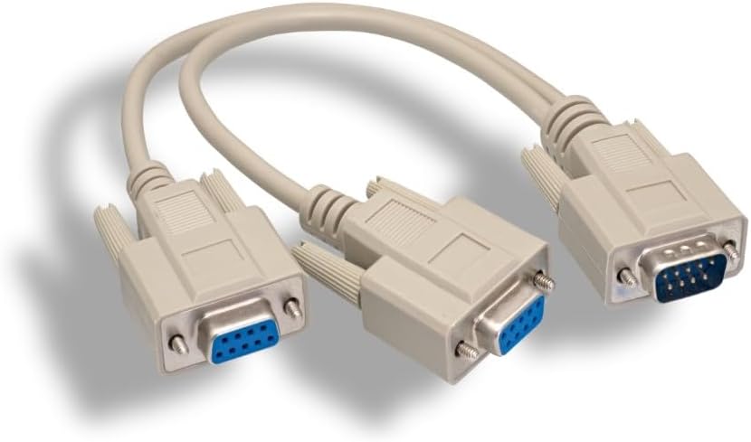 KENTEK 1FT DB9 Male to 2X DB9 Female Extension Y Splitter Cable Cord 9 Pin Serial RS-232 28AWG Male to 2X Female M/Fx2 Molded Straight Through D-Subport Beige for PC Mac Linux Data