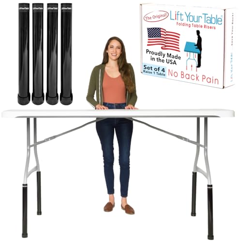 Lift Your Table® Folding Table Risers - Bar Height (Movable Foot) - Made in The USA, Heavy Duty, Sturdy, Portable, Easy-to-Use Extensions Raise Bent Leg Folding Tables (Set of 4)