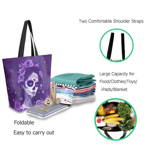 Fashion Extra Large Shoulder Grocery Tote Bag, Sugar Skull Makeup Girl Purple Canvas Daily Handle Bag for Gym Yoga Weekender Beach Travel Picnic Kitchen Reusable Market Shopping2