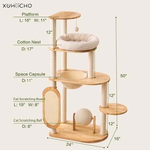 Modern Cat Tree with Scratching Post, Solid Rubber Wood Cat Tree Tower for Indoor Cats with Cotton Nest, Space Capsule, Cat Scratching Ball and Board - Image 6