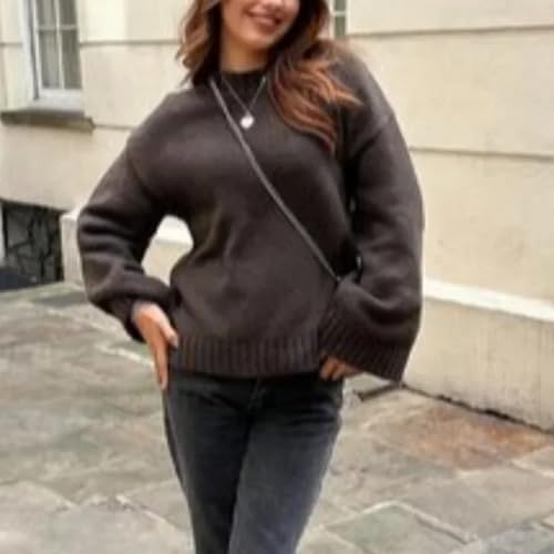 Brown Round Neck Knitted Pullover Women Long Sleeve Loose Sweater Autumn Lady Commute Knitwear Top3