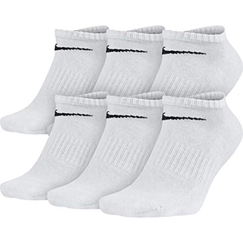 NIKE Dri-Fit Classic Cushioned No-Show Socks 6 PAIR White with Black Swoosh Logo) LARGE 8-12