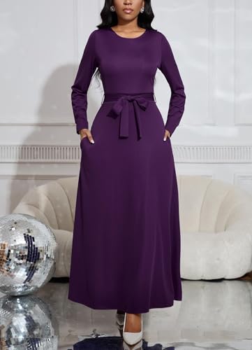 Image of BubFee Long Dress for Women Casual Long Sleeve Dresses Maxi Dress Empire Waist Loose with Belt