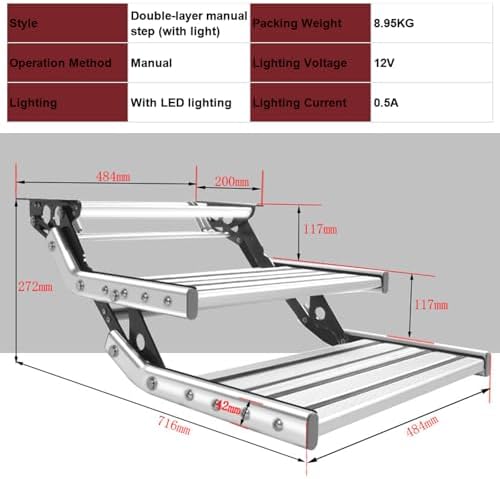 Non-Slip Folding RV Entry Steps with LED Light Bar, Telescopic Manual Step Ladder, 440 lbs Capacity, Durable Replacement RV Stair for Safe Access
