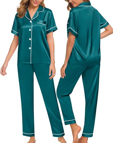 Image of SWOMOG Women Satin Pajamas Set Short Sleeve Top & Pants Sleepwear Silky Button Down Nightwear 2pcs Loungewear Pjs Set