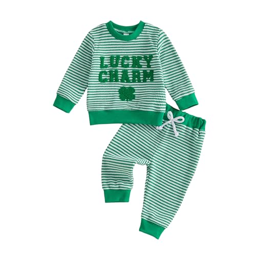 Image of Toddler Baby Boy St Patricks Day Outfit Infant Lucky Clover Sweatshirt Pants Set Little Kids Spring Warm Clothes