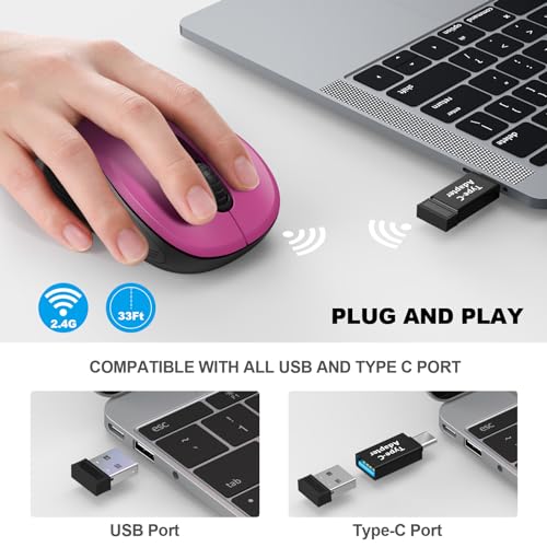 Image of WisFox 2.4G Wireless Mouse for Laptop, Ergonomic Computer Mouse with USB Receiver and Type-C Adapter, 3 Adjustable Levels, 6 Button Cordless Wireless Mice for Windows Mac PC Notebook (Fuchsia)
