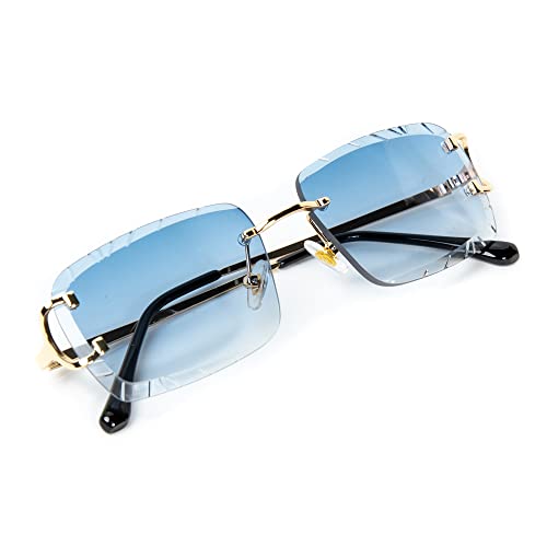Rimless Gem Cut Unisex Square Trendy Retro 90's Hip Hop Hand Carved lens Baby Blue Tint Lens Gold Wire Frame Sun Glasses Frameless Rectangle Summer Shades Sunglasses For Men And Women