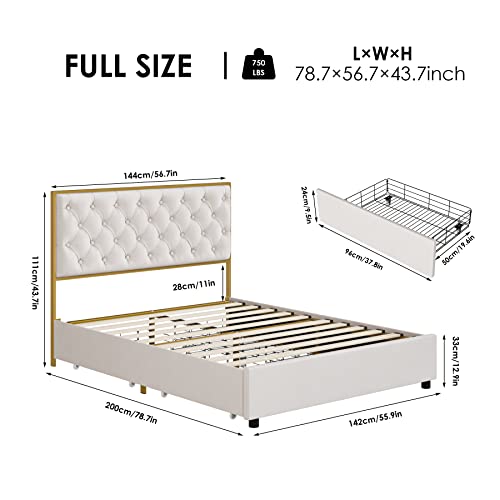 Hifit Full Bed Frame With 4 Storage Drawers, Upholstered Full Size Bed Frame With Handmade Button Tufted Headboard, Heavy Duty Mattress Foundation With Wooden Slat, No Box Spring Needed,Golden & Beige #TOP1