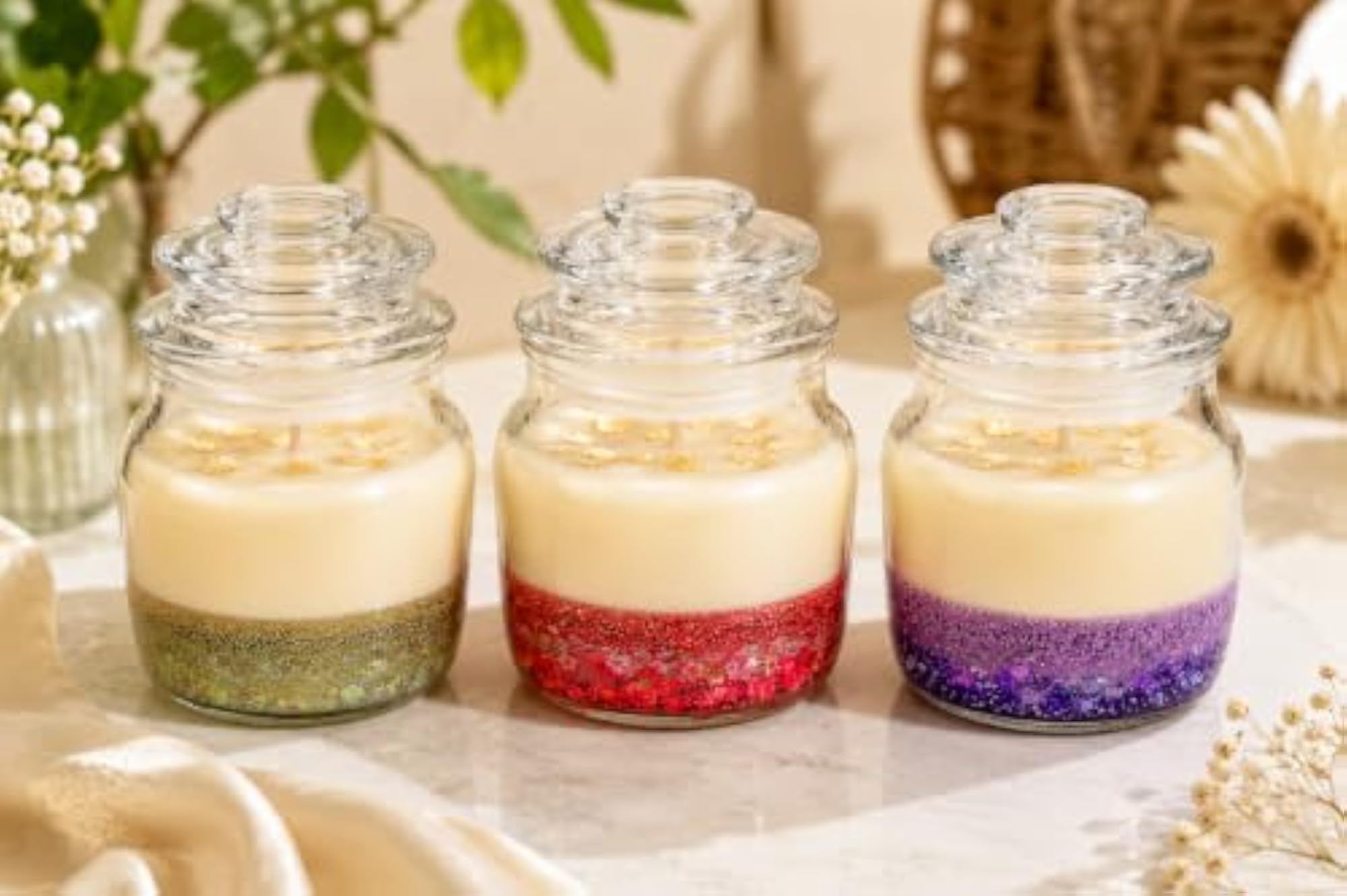 Glittering Natural Soy Wax Scented Candle Set in Reusable Glass Jar, 3 Pack
