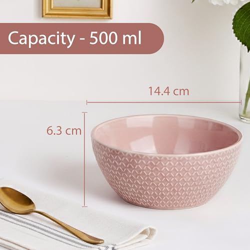 Image of The Earth Store Pink Embossed Ceramic Bowl Set of 2 - 500ML Each | Ceramic Mixing Bowls for Snacks, More | Rice, Dal, Fruits, Salad | Microwave Safe Bowl Set | Perfect for Gifting & Daily Use
