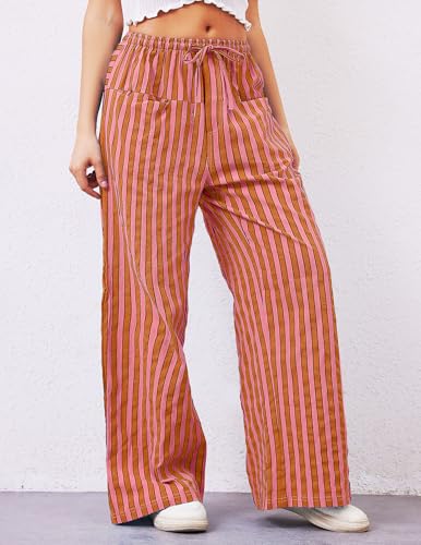 Striped Pants Women Wide Leg Trousers Drawstring Low Rise Casual Loose Lounge Pajama Pants with Pockets3