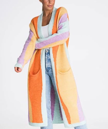 Image of chouyatou Women's Fall Open Front Color Block Long Cardigan Sweater Coat Casual Vertical Striped Coatigan