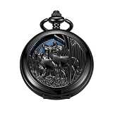 Orologio da tasca meccanico da uomo, stile vintage, a doppio cacciatore, orologio da tasca con cervo traforato a mano in rilievo con catena da taschino, orologio da tasca retrò con incisione fauna