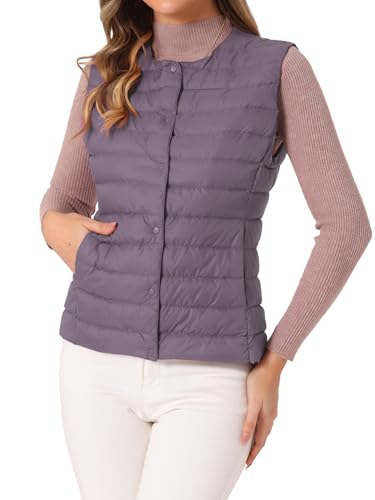 Allegra K Women's Puffer Vest Sleeveless Lightweight Button Up Quilted Round Neck Jacket Coat
