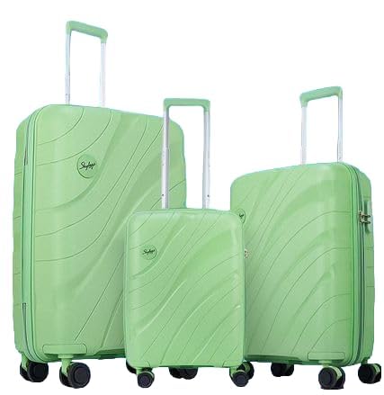 Image of Skybags Set of 3 (Cabin+ Medium+Large) Hard Suitcase (55+67+77 cm) | Luggage Trolley with 8 Spinner Wheels,Light Weight with 5 Years International Warranty (Black) (Green)|Material: Polypropylene (PP)