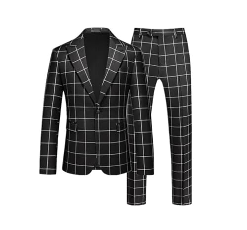 Men Plaid Business Social Suit 2 Piece Wedding Tuxedo Single Breasted Blazer Set