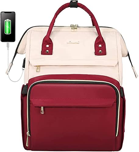 LOVEVOOK Laptop Backpack for Women Fashion Business Computer Backpacks Travel Bags Purse Teacher Doctor Nurse Work Backpack with USB Port, Fits 17-Inch Laptop White-Wine Red