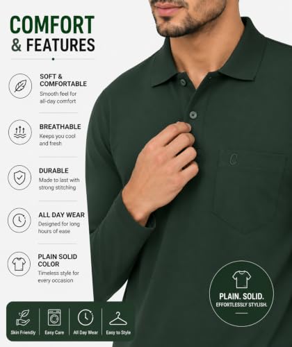 Image of CAMEY Men's Plain Solid Long Sleeve Polo T-Shirt | Regular Fit | Collared Casual Cotton Blend Tee with Chest Pocket | Everyday Comfort Wear