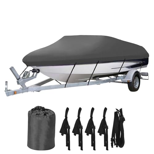 Heavy Duty Waterproof Boat Cover 17-19 ft - Trailerable Marine Grade Tarp for V-Hull, Tri-Hull, Bass & Runabout Boats - UV Resistant, All-Weather Protection for Fishing & Skiing (Gray, 14-16ft)
