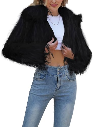 NATRUNSOO Black Faux Fur Jackets for Women Dressy Lightweight 2024 Trendy Spring Fashion Fuzzy Crop Shaggy Jacket Black M