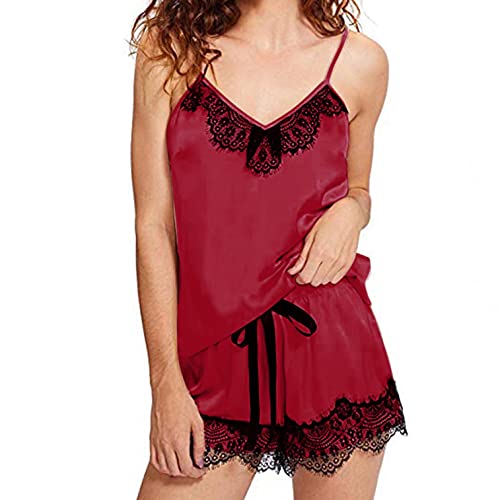 ZEELIY Pyjama Femme Satin Lingerie Débardeur et Short Pyjama Sexy Col V Pyjama Court pour Femme Satin Lingerie Notte Ensemble Cami Dentelle Sexy avec Un Short en Bas Femme