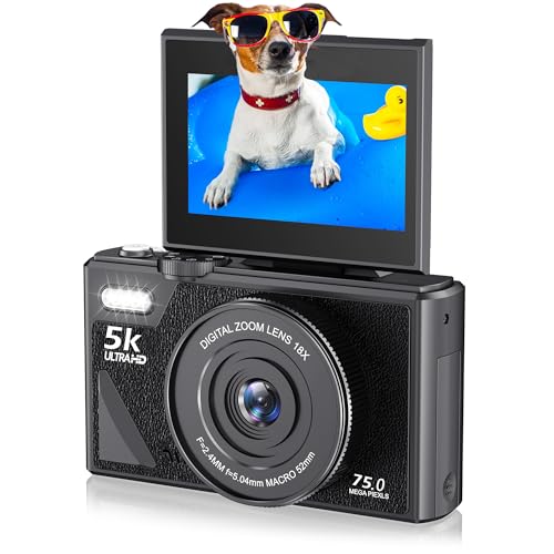 5K Vlogging Camera for YouTube, 75MP Digital Camera for Photography and Video with 3in Flip Screen, 18X Digital Zoom Compact Cameras, Portable Auto Focus 5K Cameras for Teens