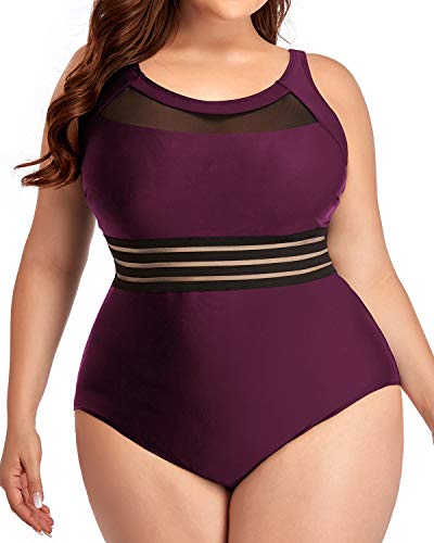 Daci Women Purple One Piece Swimsuits Plus Size Mesh High Neck Vintage Bathing Suits 18 Plus
