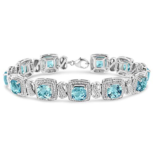 Haus of Brilliance .925 Sterling Silver 7x7 mm Cushion Cut Blue Topaz and 1/10 cttw Single Cut Diamond Square Shape Tennis Bracelet (I-J Color, I1-I2 Clarity) - 7"