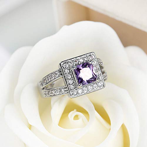 Emsione Silver Plated Vintage Ring Created Amethyst Halo Cocktail Ring Eternity Anniversary Party Jewelry For Men Women Size 8