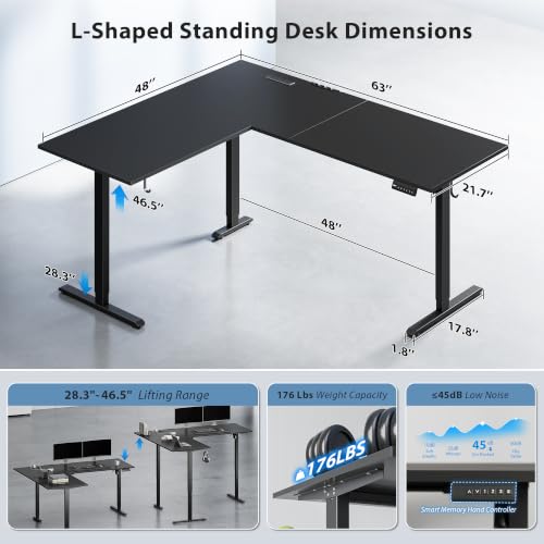Image of 63 Inch L Shaped Electric Standing Desk, Corner Workstation, Black | 3 AC outlets, 2 USB ports, cable tray, cord clips, 3 memory presets, anti-collision and 176 lb capacity for home office.