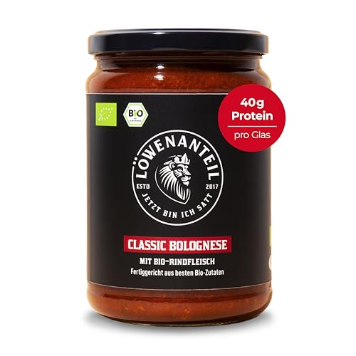 Löwenanteil - 100% Bio-Eintopf CLASSIC BOLOGNESE - 570g Glas - Proteinreiches Bio-Fertiggericht mit saftigem Bio-Rindfleisch Tomaten & Basilikum - Ohne Zuckerzusatz & Glutenfrei