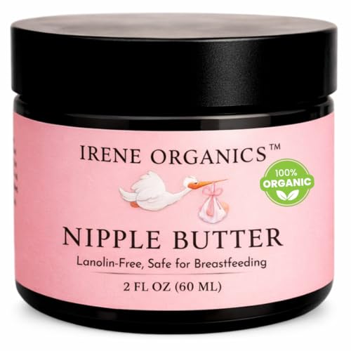 Irene Organics Organic Nipple Balm – Lanolin-Free Nipple Cream for Breastfeeding Moms – Natural Relief for Dry, Cracked Nipples – Safe for Nursing & Pumping, 2oz